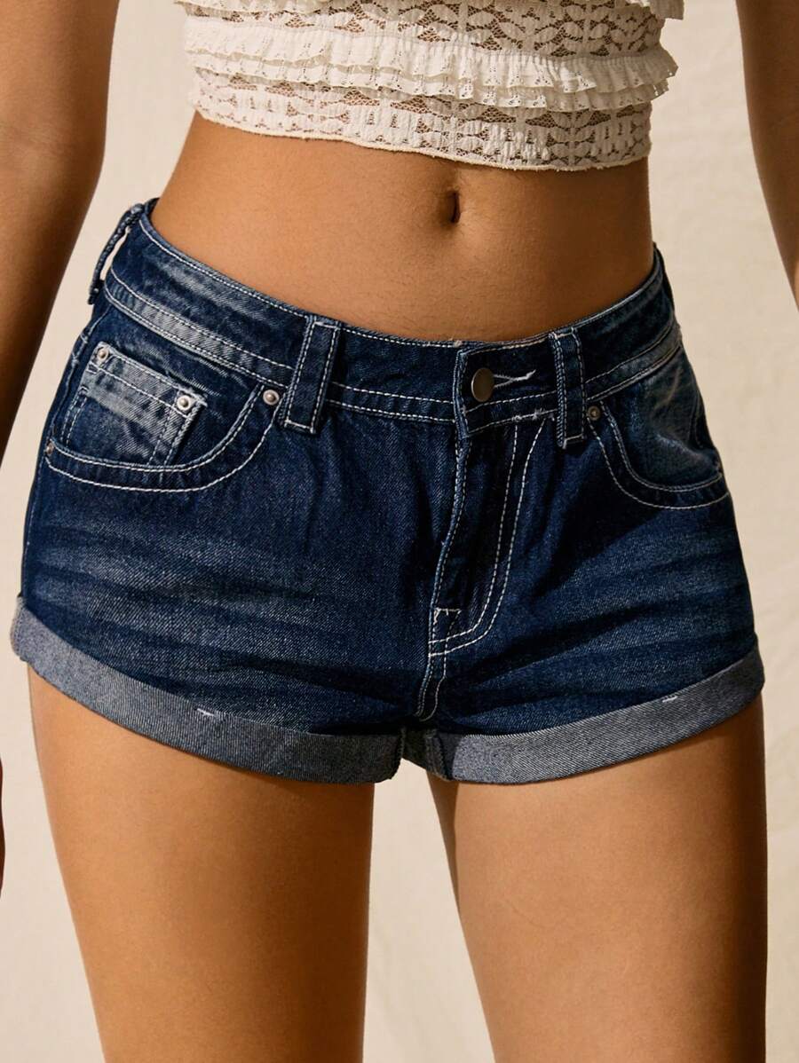 Easelle Women's Solid Color Simple Denim Shorts - Blue - View 1