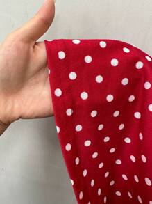 Sunnyshic Black & White Polka Dot Full Print Lace Patchwork Heart Shape Collar Bubble Sleeve Waist Cinched A-Line Midi Dress, Minimalist, Vacation Travel, Sweet, Elegant, Simple, Spring/Summer, Casual Women - Red - View 8