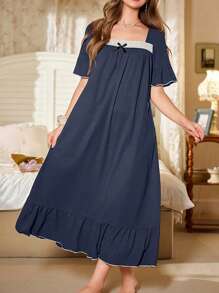 SHEIN 女士休闲蕾丝拼布方领泡泡袖宽松长款睡袍，Moo Moo - 藏蓝色 - 查看 1