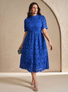 Chikora 大码女式夏装，优雅工作服连衣裙，蕾丝中长连衣裙，海军蓝短袖连衣裙夏季服装