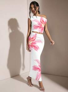 SHEIN BAE Women Oblique Shoulder Asymmetric Ruched Fitted 2-Piece Set, Suitable For Summer/Summer Holiday/Hawaii/Island Resort/Birthday Party Suitable For Going Out