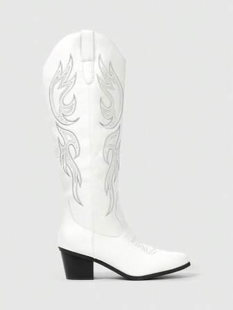 Fairycore Damen Totem Stickerei Spitze Zehen Plateau Absatz PU Retro Western Stiefel, Weiß, Lässig Outdoor Campus