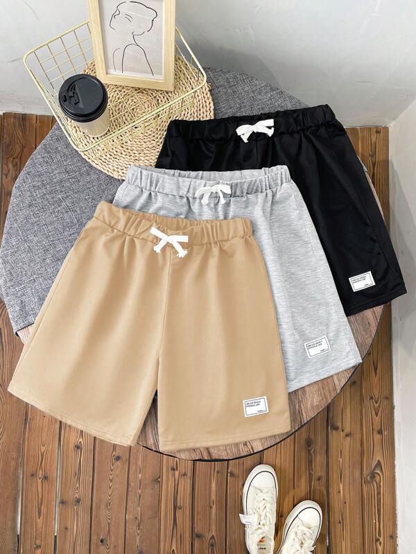 SHEIN 3 pezzi Pantaloncini sportivi da ragazzo con fasce elastiche a righe semplici in bianco, nero e grigio, set multipack, adatti per primavera/estate