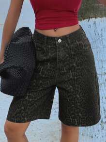 DAZY Women's Summer Leopard Print Ribbed Denim Capri Shorts Denim Shorts - Brown - View 7