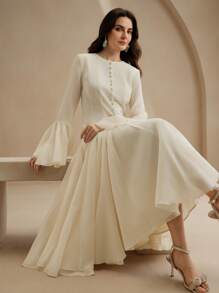 Anewsta Elegant Beige Long Sleeve A-Line Dress With Button Decor Bell Sleeves Party Autumn - Apricot - View 8