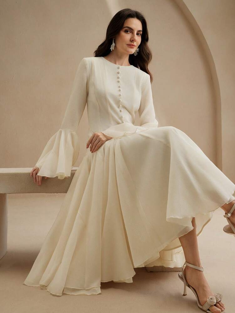 Elegant Milky White Long Sleeve A-Line Dress With Button Decor Bell Sleeves