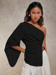 COSMINA Women's Elegant Metal Decor Ruched Asymmetrical Neck Blouse, Suitable For Spring/Summer Vacation Top - Black - View 6