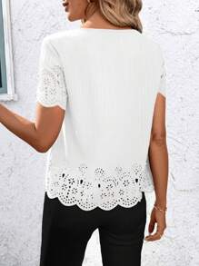 SHEIN Clasi Women Casual Solid Color Short Sleeve Embroidered Blouse, Spring/Summer