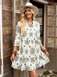 LanaWest 女士花卉印花休闲连衣裙，3/4 袖，适合度假、日常穿着和通勤 - 軍綠色 - 查看 4