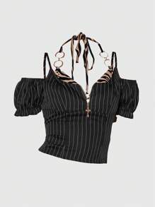 ROMWE Goth Y2K 竖条纹斑马纹 Bralette 背心 - 黑色 - 查看 1