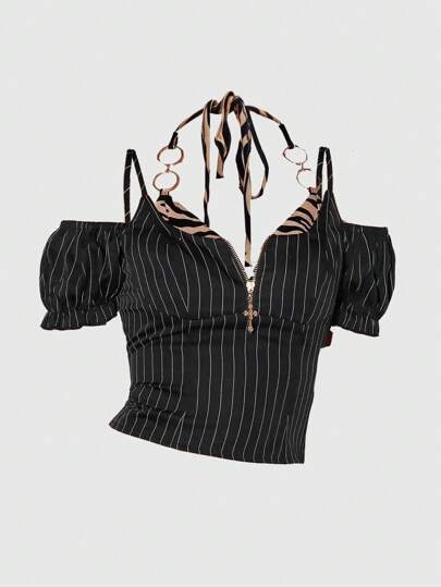 Goth Débardeur brassière à rayures verticales imprimé zébré Y2K