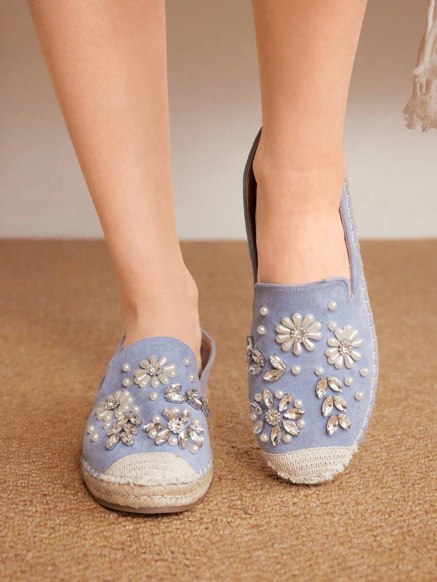 Styleloop Women's Fashion Light Blue Pearl Floral Rhinestone Espadrille Flat Shoes, Suitable For Commuting, Dating, Party, Shopping, Holiday, Boho, Western, Music Festival, Casual Outfit - Blue - View 1