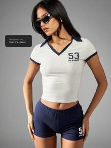 Missguided x Playboy Áo thun thể thao trẻ em cổ bẻ ngắn cổ chữ V Varsity Sport Number tay ngắn mùa hè xuân tập luyện thể dục thường ngày dạo phố Y2K - Nhiều màu - Xem 7