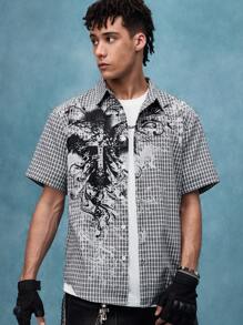 ROMWE MEN Grunge Punk Men's KPOP Street Summer Plaid Cross Print Short Sleeve Single-Breasted Casual Shirt, Emo - Multicolor - View 5