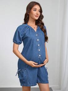 SHEIN Mono informal de tela vaquera de manga corta con cuello con muesca para maternidad