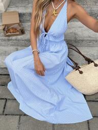 Serisse Neues Sommer Blau und Weiß gestreiftes Neckholder-Kleid für Frauen, lässiger Urlaubsstil, schlanke Taille A-Linie Slim Maxi Kleid, elegante Damen Sommerkleidung, Kleider für Frauen Sommer, Boho Kleidung Frauen Party Chic