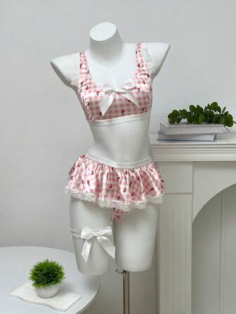 4st Romantisk bondgård Sexig Söt Satin Blomma Pläd Blommig Spets Volanger Volanger Rosett Strumpeband Strumpeband Strumpor Dam Sexiga Underkläder Set, Rosa, Vit, Fest, Semester