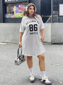 SHEIN EZwear Plus Size Loose Sports Letter T-Shirt Dress For Summer - Black and White - View 1