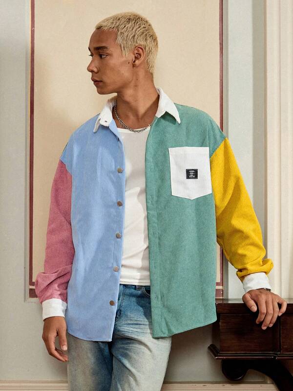 SWAVVY 1 pièce Veste chemise en velours côtelé pour hommes, style vintage Y2K, ajustement casual, col contrastant, ideal pour la rentrée scolaire, Halloween et les sorties. Colorée et tendance, parfait pour les amis, le mari ou le petit ami.