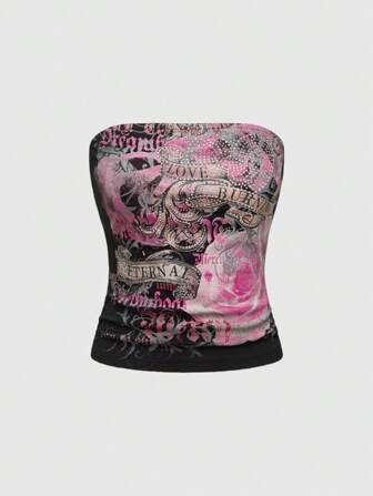 Grunge Punk Top bandeau slim ajusté avec imprimé floral vintage romantique de roses, vignes et cœurs avec décoration de strass. Idéal pour les festivals de musique Y2K