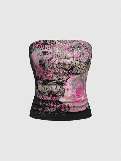 Grunge Punk Top bandeau slim ajusté avec imprimé floral vintage romantique de roses, vignes et cœurs avec décoration de strass. Idéal pour les festivals de musique Y2K