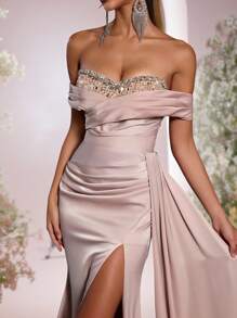 Glamrae Elegant Khaki Satin Knitted Strapless Tube Ball Gown,Luxury Sequin Patchwork Ruched Waisted Side Slit Fishtail Hem Train,Wedding Guest Formal Event - Khaki - View 3