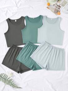 3 件纯色背心和短裤套装，时尚女士夏季服装 - 彩色 - 查看 5