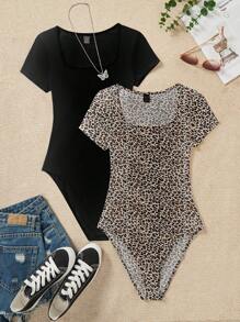 Attitoon 2pcs Women Casual Leopard Print & Solid Color Bodysuit Set, Round Neck Short Sleeve Fitted Bodysuit, Suitable For Summer - Multicolor - View 2