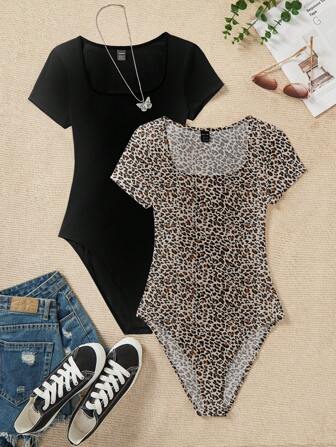 Attitoon Set de 2 bodys casuales para mujer con estampado de leopardo y unicolor, de cuello redondo y manga corta, ajustados, apropiados para el verano