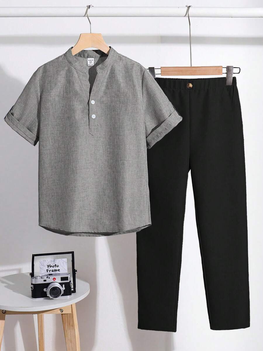 SHEIN Tween Boy Casual Short Sleeve Shirt And Pants Set - Black - View 1