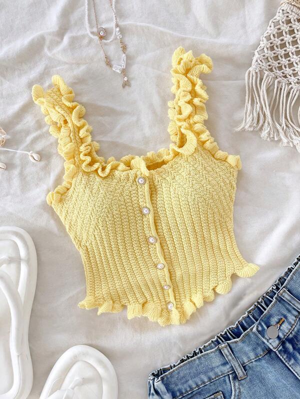 Soleia Women Plus Size Summer Casual Frill Trim Single Breasted Fitted Knitted Top