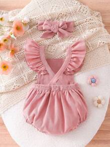 SHEIN Playful Pals 2件套婴儿可爱兔子刺绣毛球装饰连体衣套装，夏季