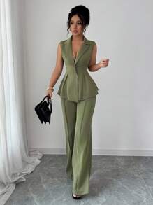 Elenzga Sleeveless Blazer Suit Set, Elegant Romantic Women's Slim Waist Business Suit