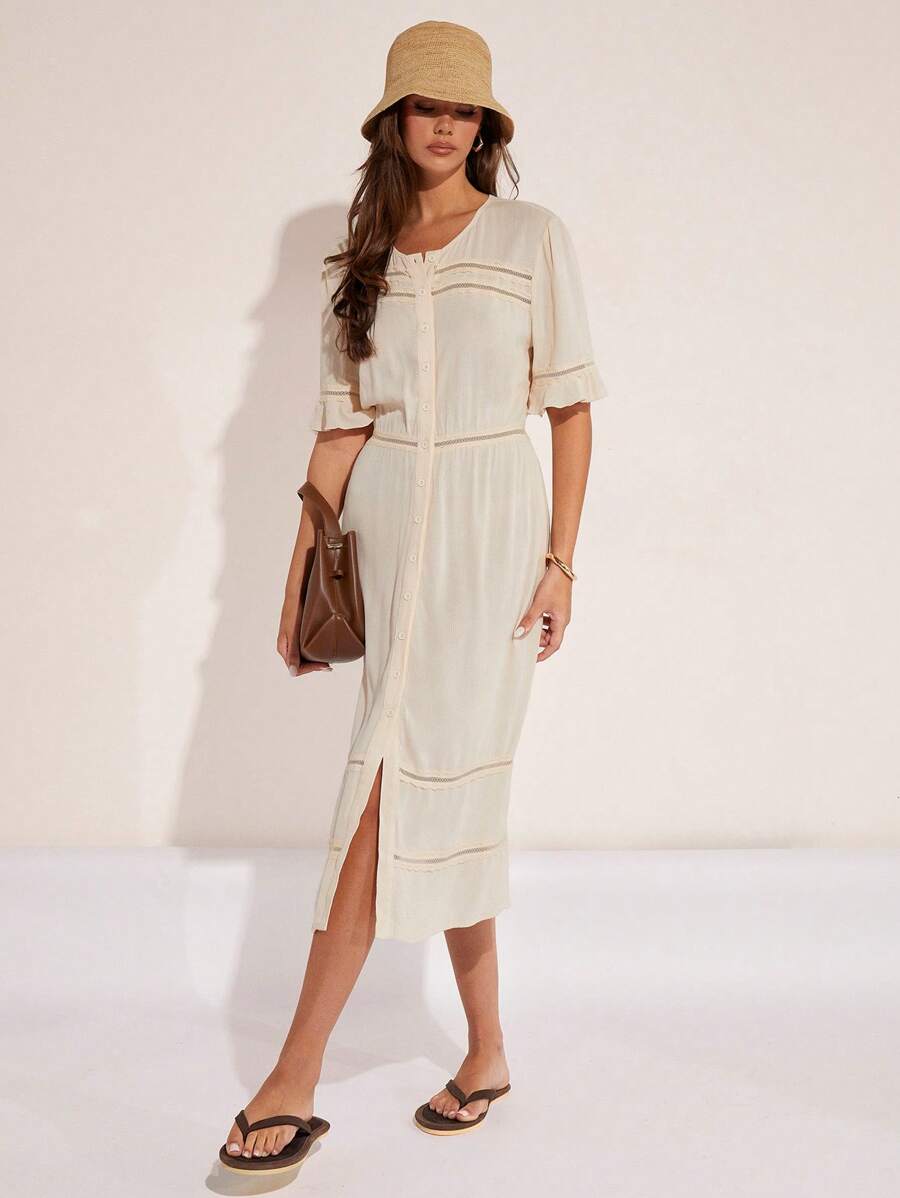 COSMINA Women's Solid Color Short Sleeve Round Neck Single-Breasted Casual Mid-Length Dress - Khaki - View 1