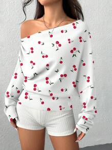 SHEIN EZwear 女款秋冬櫻桃印花不對稱肩設計極簡風衛衣 - 彩色 - 查看 6