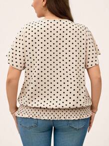 SHEIN LUNE Plus Size Women's Valentine Polka Dot Pattern Lace Trim Hem Fancy Elasticated Short-Sleeved Round Neck Pullover Blouse For Summer