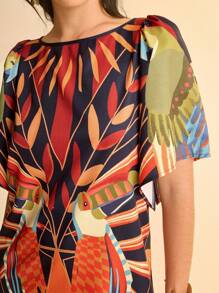 CAJUNI Vacation Casual Boho Toucan Tropical Retro Print, Ruffle Sleeve Hollow Back Loose Mini Dress For Women - Multicolor - View 3