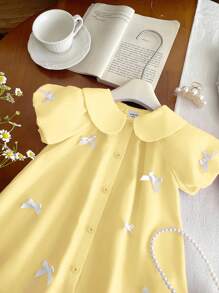 Babygirl Cute Yellow Peter Pan Collar Bowknot Short Sleeve Dress, Summer - Yellow - View 3