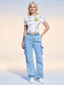 SmileyWorld® | SHEIN Áo thun cổ tròn tay ngắn họa tiết mặt cười dành cho nữ, mùa hè - trắng - Xem 7