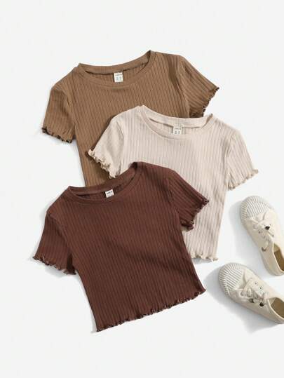 SHEIN 3 Pcs Tween Girls Elegant Round Neck Ribbed Knit Tops With Ruffle Trim