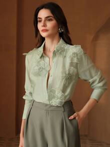 Anewsta Women Collared Long Sleeve Blouse With 3D Pearl Embroidery, Transparent & Sexy Fashionable Modest Spring - Green - View 3