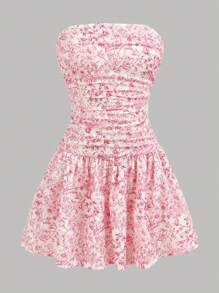 SHEIN Girlism 少女梭织花卉印花宽松抹胸连衣裙，女士休闲/婚礼宾客/毕业/太阳裙，复活节/度假连衣裙，骑行短裤，波西米亚/波西米亚风服装，夏季短裤，海滩度假装