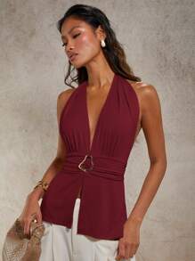 COSMINA Abito elegante da donna con scollo a V profondo e fibbia in metallo, adatto per primavera/estate
