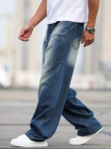 Manfinity Homme Men's Loose Fit Casual Denim Jeans, Suitable For Summer  Blue Jeans - Blue - View 4
