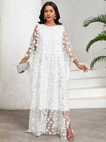SHEIN Lady Weißes ultralanges Chiffon-Kleid mit 3D-Blumen, halbtransparent, geeignet für Geburtstag & Veranstaltungen / Bürokleidung / Kirchenkleidung / Hochzeitskleider / Urlaubskleider / weiße Kleider - Weiss - Übersicht 4