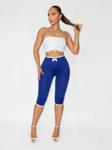 Sirith 女式蓝色蕾丝边蝴蝶结装饰修身打底裤，夏季