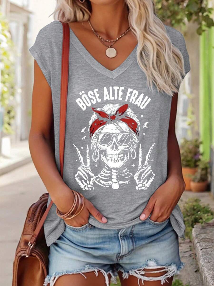 SHEIN Women's Gradient Letter & Skull Print V-Neck Short Sleeve T-Shirt, Summer