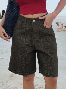 DAZY Women's Summer Leopard Print Ribbed Denim Capri Shorts Denim Shorts - Brown - View 5