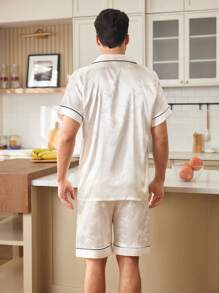 CoupledUp Men's Bamboo Leaf Print Satin Short Sleeve & Shorts Pajama Set, Summer Home Wear - Champagne - View 2