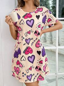 Snug Zone Camisón de cuello redondo de manga corta con estampado de corazón y letras - Multicolor - Ver 5